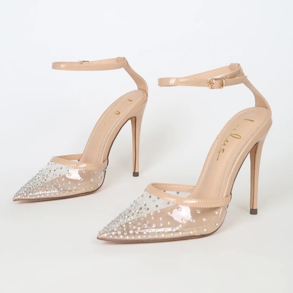 Light Nude Rhinestone Pointed-Toe Ankle Strap Pumps - Picture 3 of 6